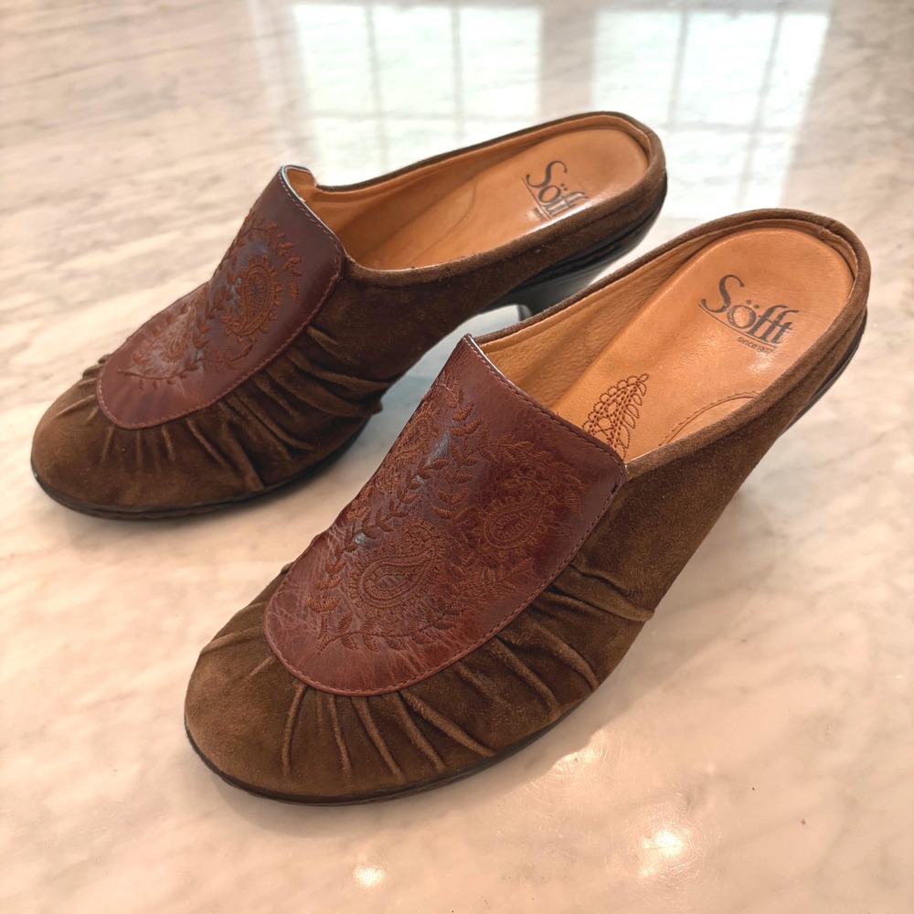Sofft Womens Camille Brown Suede Paisley Embroidered Ruched Mule Sz 7M Regency